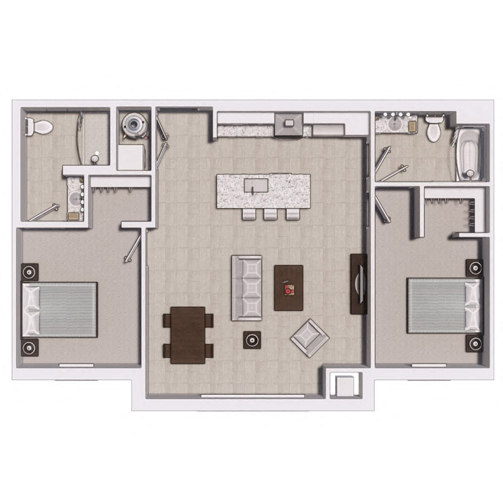Floor plan for 2 beds, 2 baths, 1066 sqft